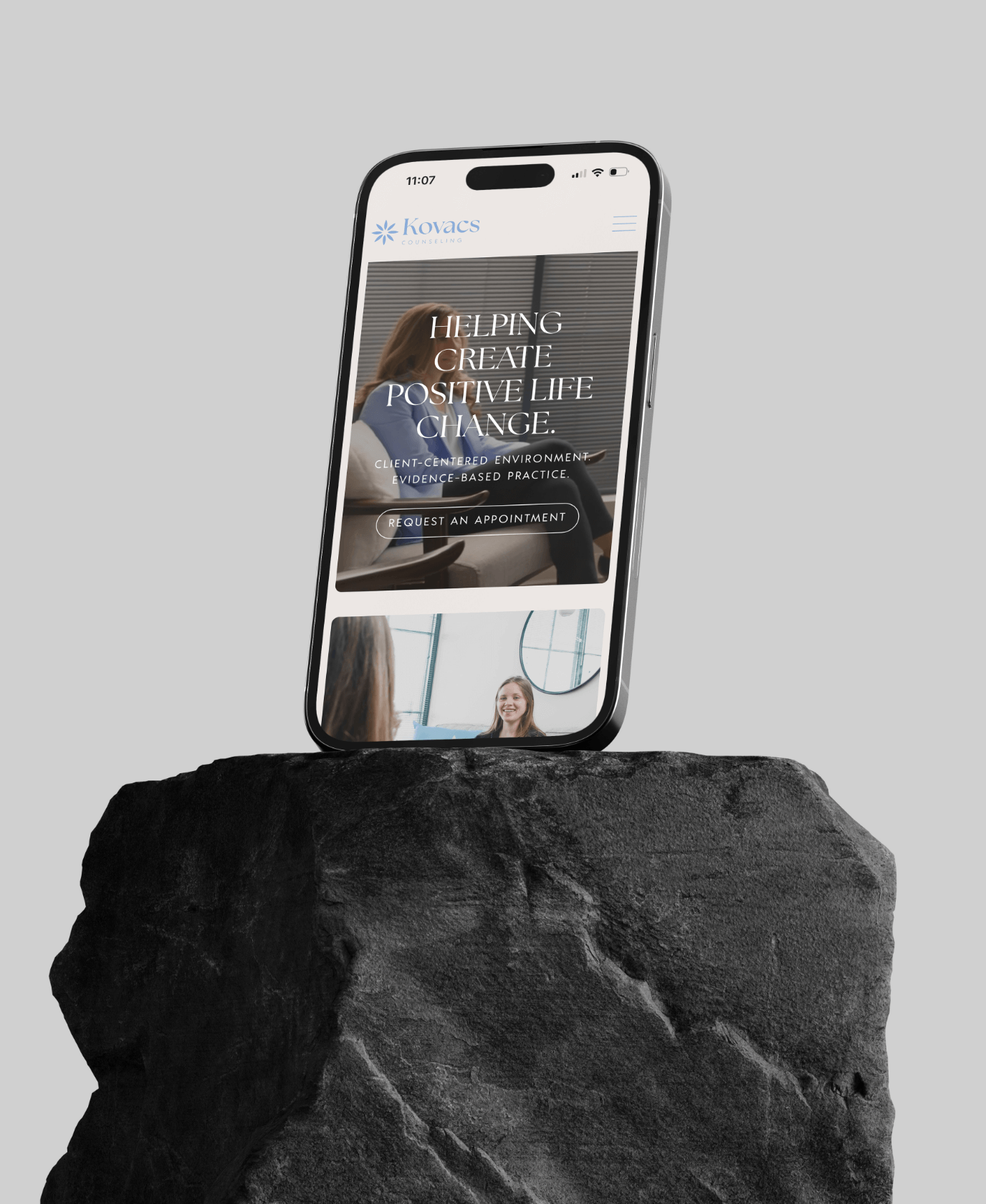 Kovacs Counseling website portfolio mockup on a phone